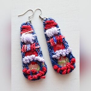 Teardrop Hand Knitted and Embroidered Earrings Dry Flowers Blue Red Lilac Yarn